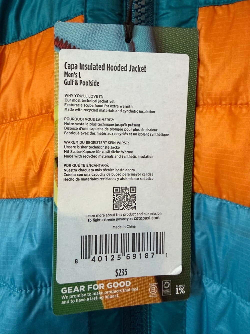 Cotopaxi Capa Hooded Teal & Orange Packable Hooded Puffer Jacket - Picture 3 of 4